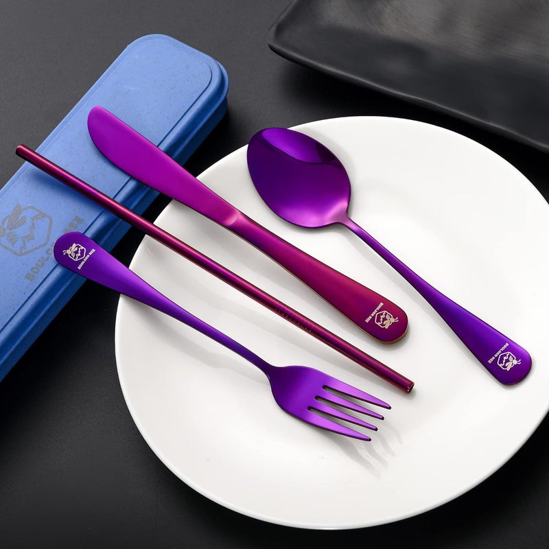 Boulder Bee | Travel Utensils Set | Reusable Camping Cutlery Set | Stainless Steel Flatware Set | Portable Silverware Set with Case | Includes Knife/Fork/Spoon/Straw/Cleaning Cloth/Case (Purple) - Image 3